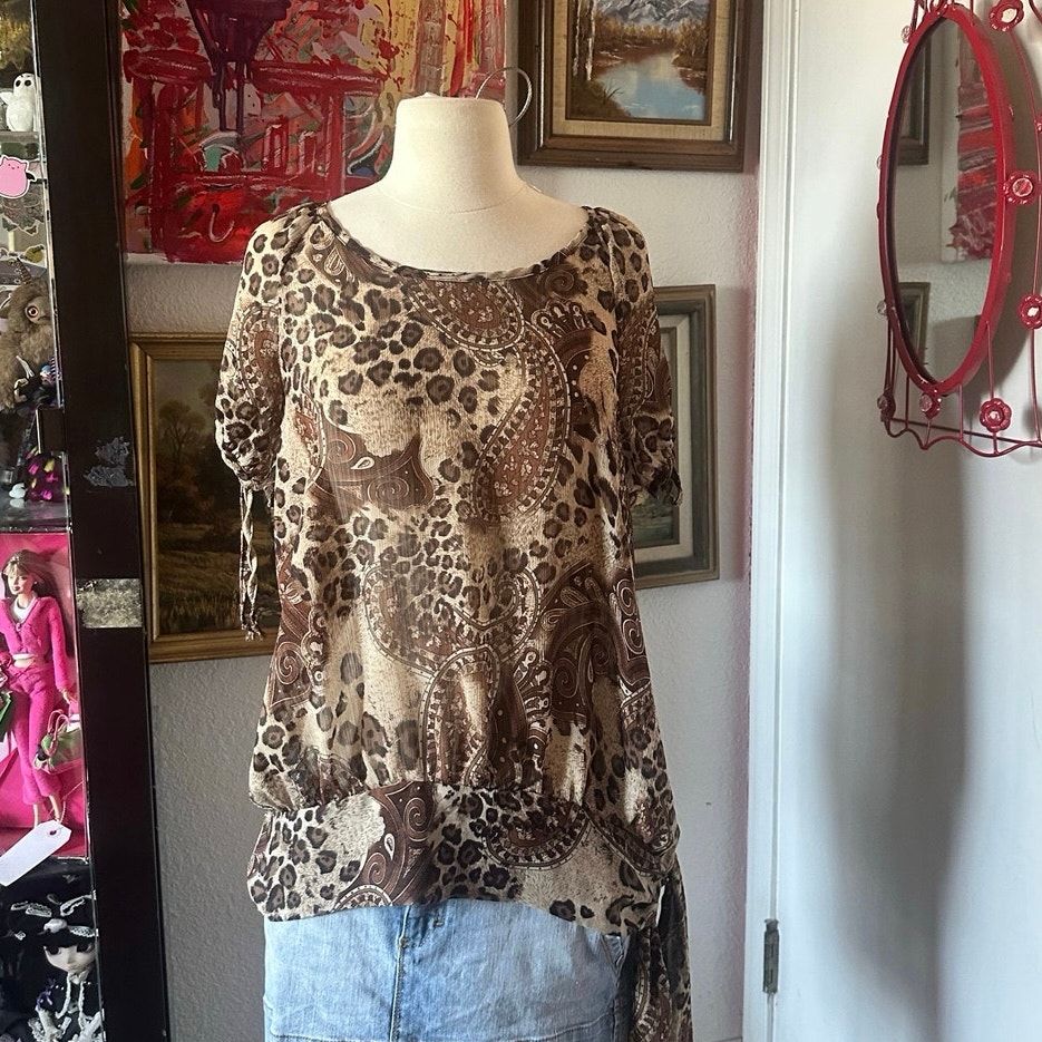 Thx Mesh Leopard Print Brown Beige Short Sleeve Blouse